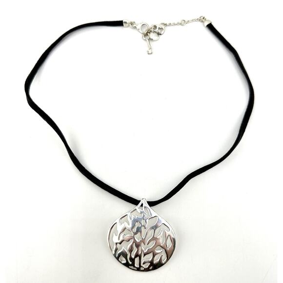 18” Fossil Dark Brown Leather Cord Abstract Silver Tone Pendant Necklace - Picture 4 of 6